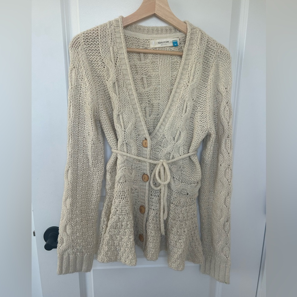 Anthropologie Sparrow Cream Cable-Knit Button Cardigan with Tie Waist